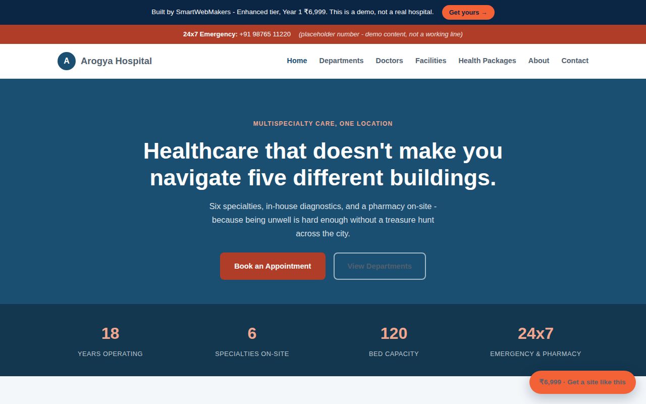 Arogya Hospital demo site homepage