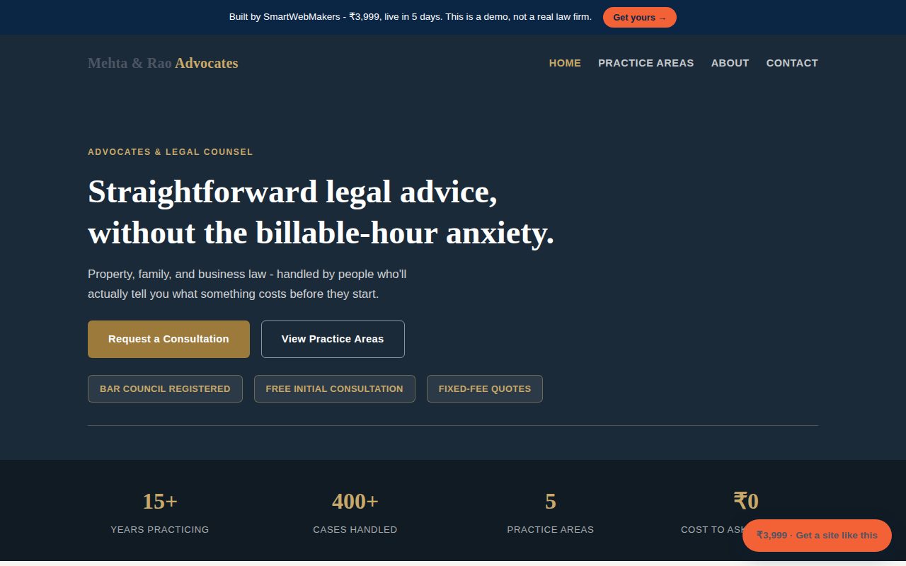 Mehta Rao Advocates demo site homepage