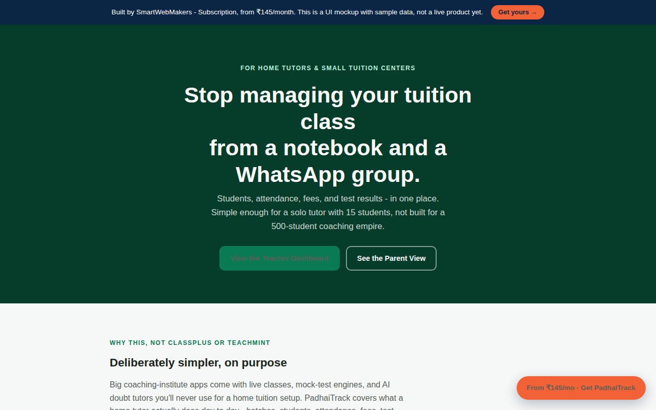 PadhaiTrack tutor management system dashboard